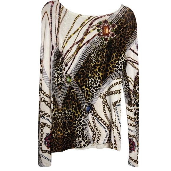 CACHE Y2K Leopard Print Chain Rhinestone Embellished Lightweight Sweater, Size S - Picture 7 of 7